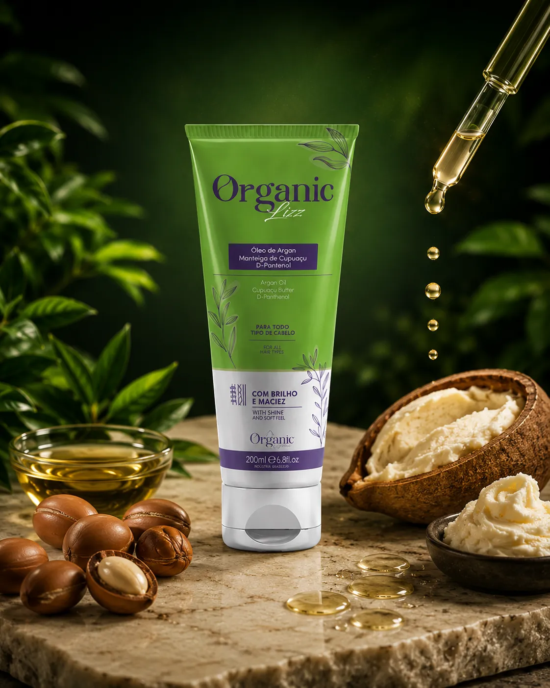 Organic Lizz com óleo de argan, D-Pantenol e manteiga de cupuaçu